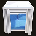 White Garden Pergola Structure With Blue Cushions And White Curtains For Outdoor Relaxation