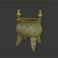 Ancient Bronze Tripod Cauldron Sculpture With Intricate Carvings And Columnar Handles