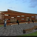 Modern Wooden Pergola With Curved Structure Benches And Stone Paved Lawn