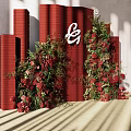 Floral Installation With Red Backdrop Column Structures Red Green Flowers And White Logo 3d model