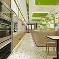 Bright Restaurant Interior With Green Ceiling Hanging Signs Menu Posters And Service Counter