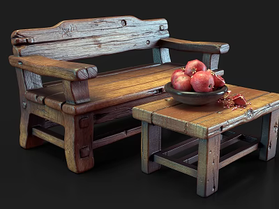 Wooden Outdoor Sofa Bench With Side Table And Bowl Of Pomegranates 3d model