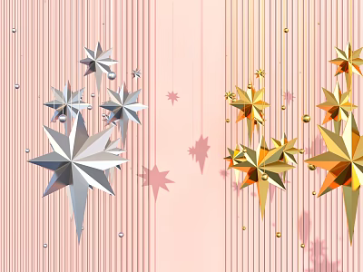 Silver And Gold Star Shaped Ornaments Hanging On Pink Striped Background With Small Dots 3d model