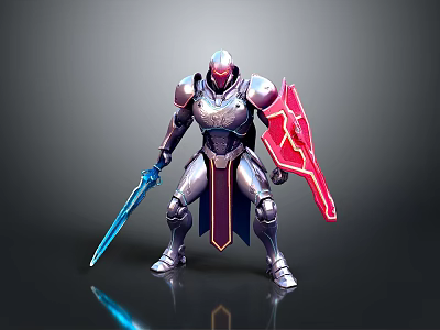 Armored Warrior Character Standing With Blue Sword And Red Shield 3d model