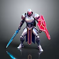 Armored Warrior Character Standing With Blue Sword And Red Shield