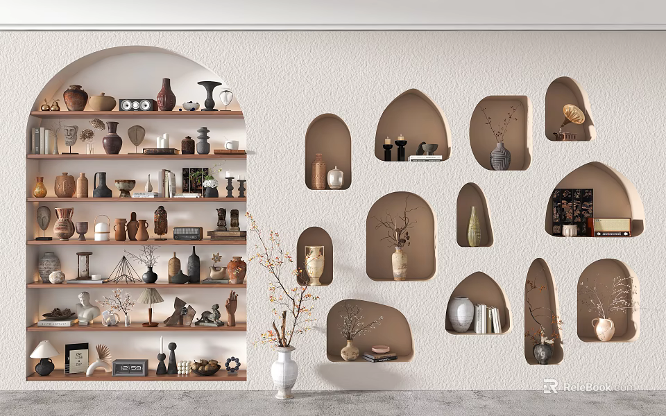 Elegant Decorative Ornament Sets With Ceramic Vases And Figurines On Shelves And Wall Niches 3d model 