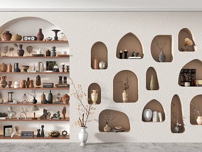 Elegant Decorative Ornament Sets With Ceramic Vases And Figurines On Shelves And Wall Niches 3d model