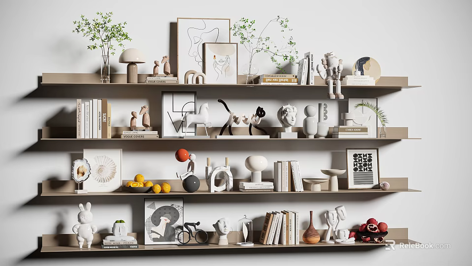 Modern Decorative Ornament Combination With Shelf Display Sculptures Vases Books Plants And Frames 3d model 