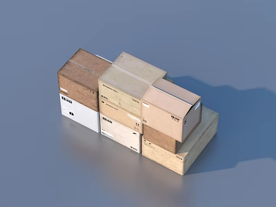 Household Supplies Packed In Stacked Brown Beige White Cardboard Boxes With Blank Labels 3d model