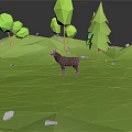 Cartoon Low Poly Landscape With Green Grass Trees And Deer On Hillside