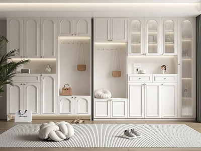 Modern White Shoe Cabinet Interior Design With Multiple Cabinets Hooks And Decorative Items 3d model