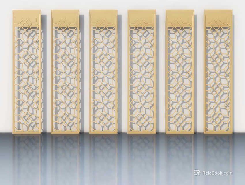 Golden Decorative Swing Doors Featuring Intricate Geometric Cutout Patterns For Modern Interior Design 3d model