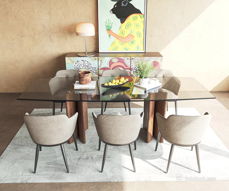 Modern Glass Top Dining Table Set With Light Gray Chairs Black Legs And Colorful Painting 3d model 