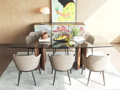 Modern Glass Top Dining Table Set With Light Gray Chairs Black Legs And Colorful Painting 3d model
