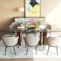 Modern Glass Top Dining Table Set With Light Gray Chairs Black Legs And Colorful Painting