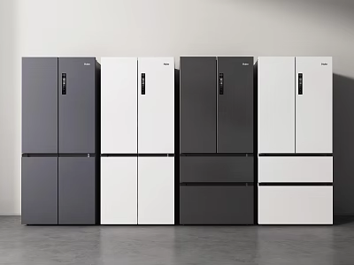 Four Modern Design Refrigerators in Gray and White Colors Arranged Side by Side 3d model