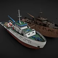 Two Ships Including Modern White Vessel With Crane Lifebuoys And Old Rusty Brown Boat