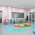 Kindergarten Interior Space With Colorful Puzzle Seats Blue Track Floor And Castle Decorations
