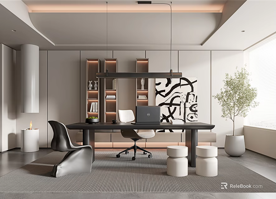 Modern Study Room Interior With Desk Laptop Bookshelves Chair And Plant 3d model 
