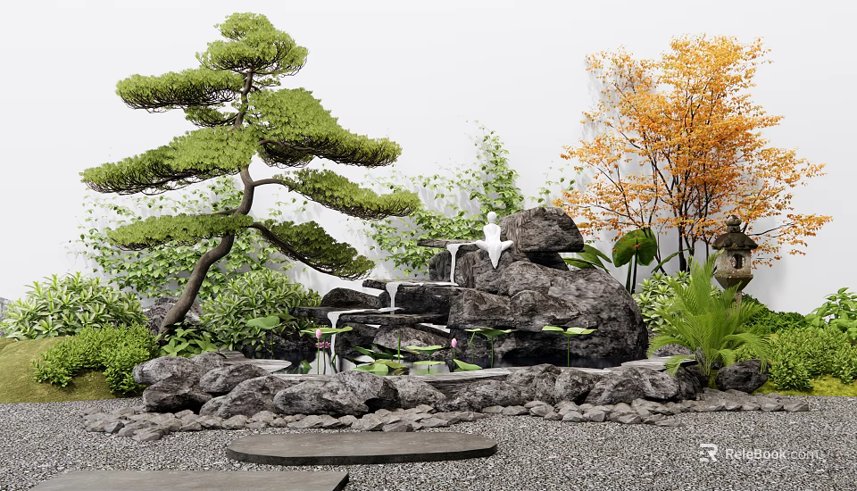 Tranquil Water Fountain Surrounded By Rocks Japanese Pine And Green Plants 3d model 