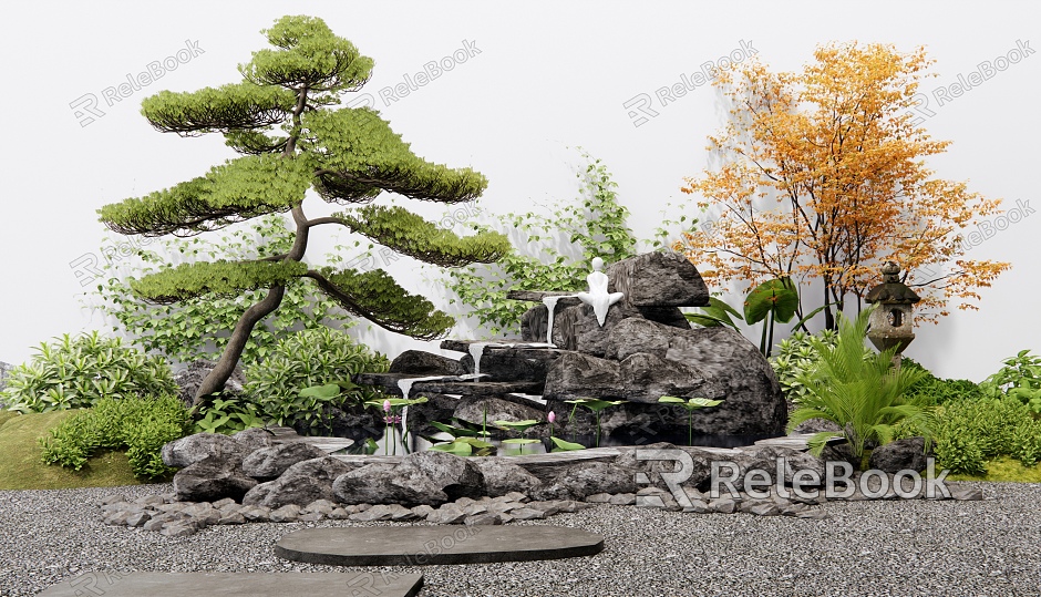 New Chinese-style rockery waterscape waterfall landscape stone superimposed stone plant combination plant pile model