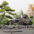 Tranquil Water Fountain Surrounded By Rocks Japanese Pine And Green Plants