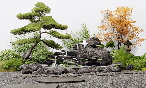 New Chinese-style rockery waterscape waterfall landscape stone superimposed stone plant combination plant pile 3d model