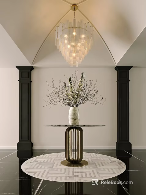 Elegant Entryway Featuring Crystal Chandelier Black Columns Marble Table With Vase And Decorative Branches 3d model 