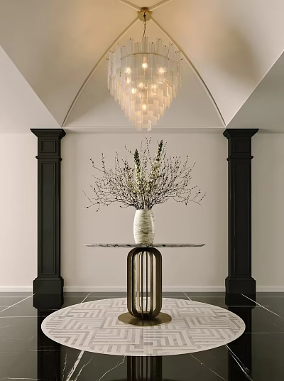 Elegant Entryway Featuring Crystal Chandelier Black Columns Marble Table With Vase And Decorative Branches 3d model