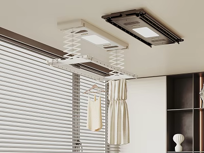 Ceiling Mounted Drying Rack In Modern Room With Window Blinds And Hanging Clothes 3d model