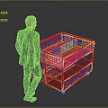 A man in suit standing beside red metal mesh cart with multiple layers and wheels