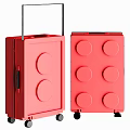 Red Lego Inspired Suitcase Design With Circular Studs And Rolling Wheels