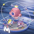 Vibrant Decorative Installation With Pink Sphere Crown Orbits Blue Base And Letter M
