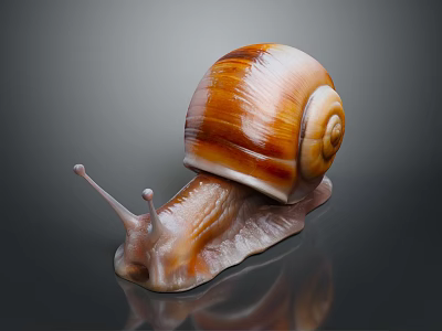 Glossy brown snail with orange striped shell and smooth body on dark reflective background 3d model