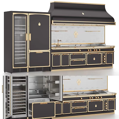 Luxurious Modern Kitchen Cabinets With Black Finish Gold Accents And Glass Door Design 3d model