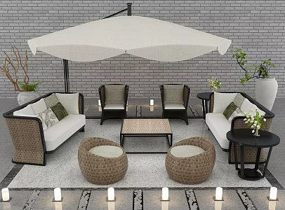 Southeast Asia Outdoor Sofa Outdoor Woven Rattan Sofa Coffee Table Pottery Pot Sunshade 3d model