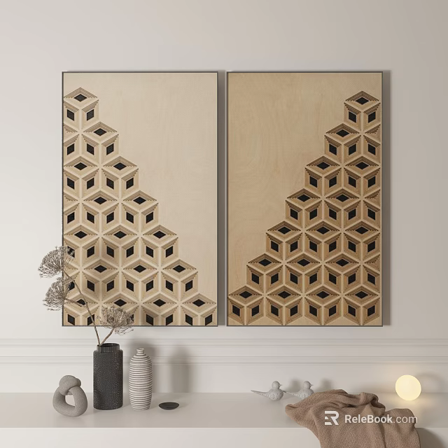 Abstract Geometric Cube Paintings On Wood Background For Wall Decor 3d model