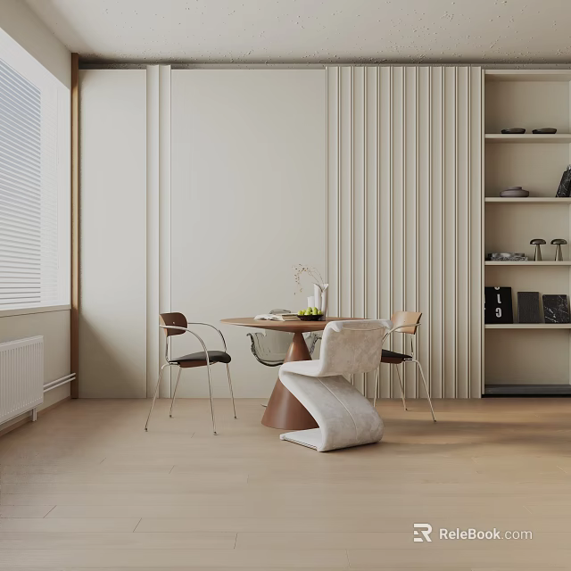 Modern Dining Table Set Design with Chairs Decorative Sculpture Striped Wall and Bookshelf 3d model 