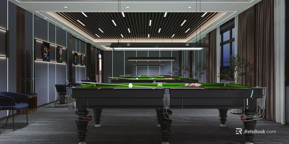 Modern Billiard Room Interior Design With Green Tables And Ceiling Lighting 3d model