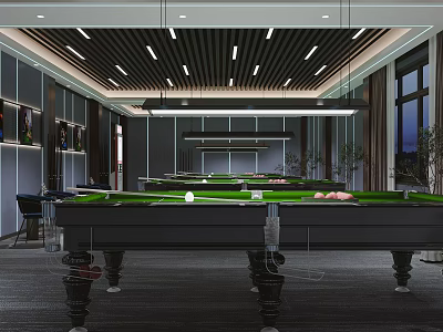 Modern Billiard Room Interior Design With Green Tables And Ceiling Lighting 3d model