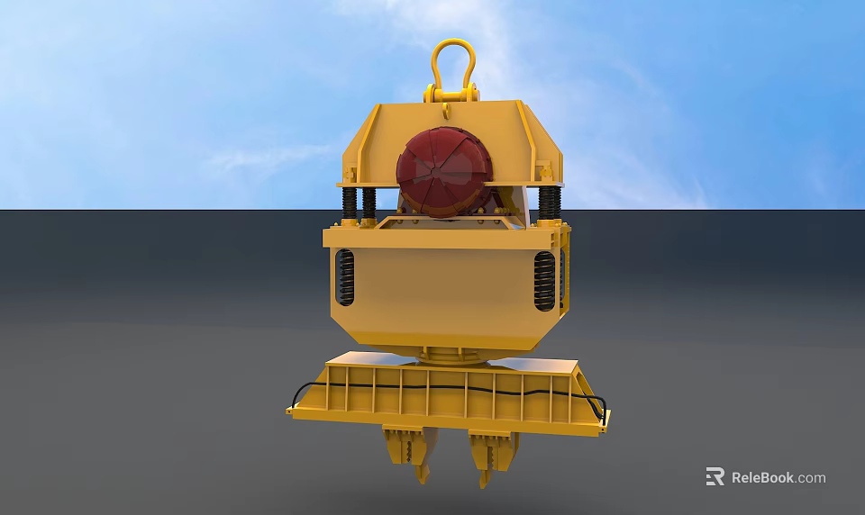 Yellow Industrial Equipment With Lifting Hook Red Circular Component And Base Structure 3d model