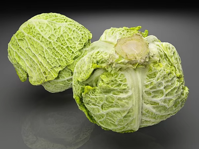 Two Fresh Green Cabbages With Wrinkled Leaves On Gray Background 3d model