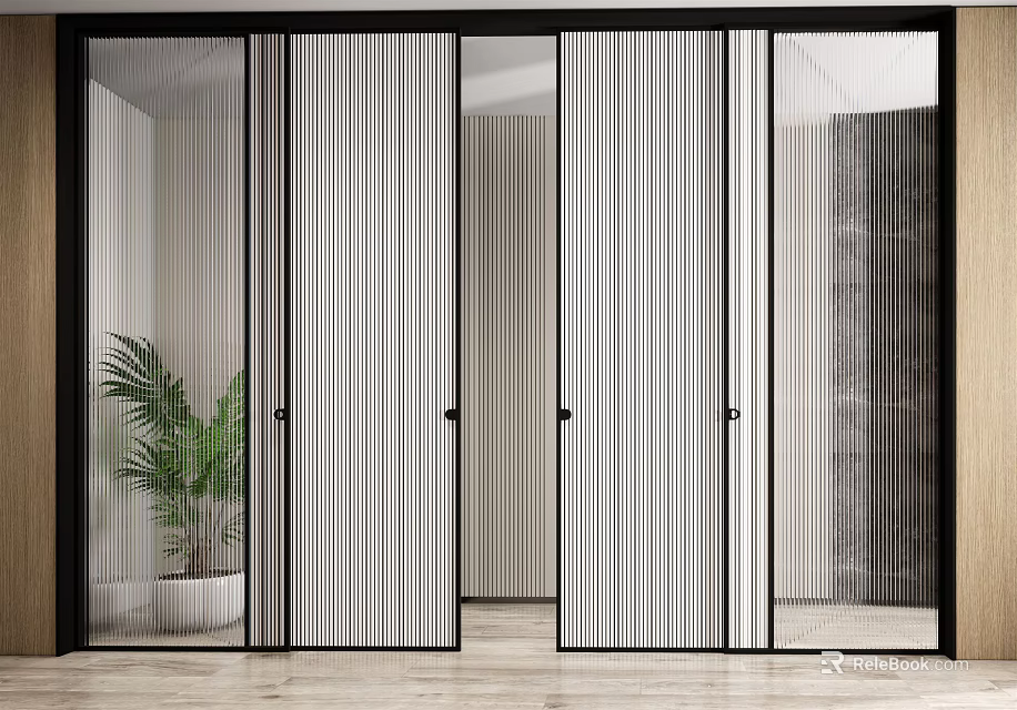 Modern Sliding Doors With Vertical Striped Glass Black Frames In Interior Space With Potted Plant 3d model 