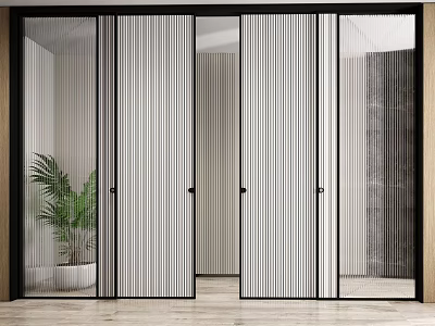 Modern Sliding Doors With Vertical Striped Glass Black Frames In Interior Space With Potted Plant 3d model