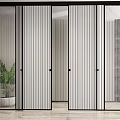 Modern Sliding Doors With Vertical Striped Glass Black Frames In Interior Space With Potted Plant