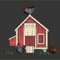 Chicken Perched On Red Barn Roof With Green Grass Path And Stones
