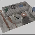 Modern Tufted Sofa with Green Blue Pillows and Round Coffee Tables on Gray Brown Rug