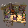 Cartoon Alchemy Lab Scene Featuring Wooden Shelves Green Potions Large Clay Jar Table And Window