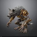 White Fur Wolf Like Creature 3D Model With Orange Mechanical Armor In Crouching Pose