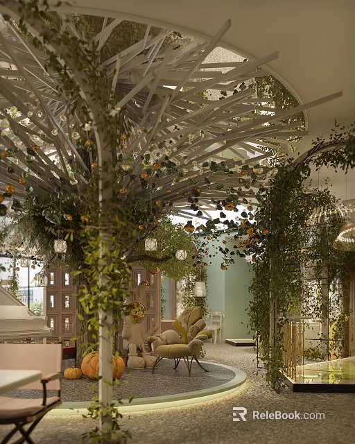 Lush Greenery Decorated Hotel Public Lounge With Cozy Sofas And Pendant Lights 3d model 